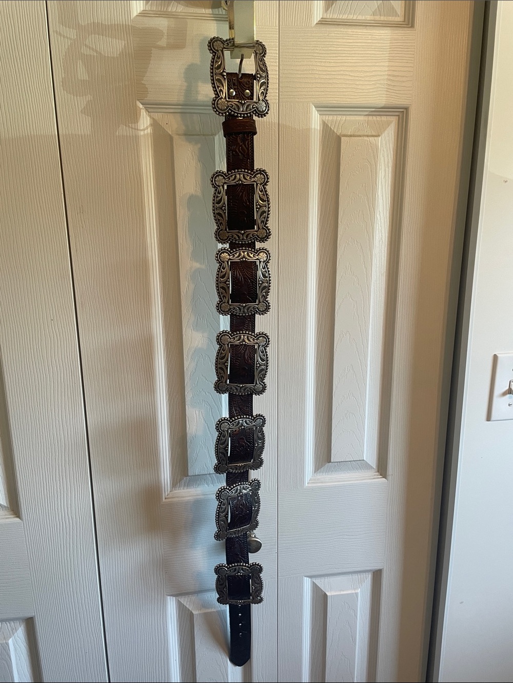 Western Nocona Concho Leather Belt with Removable Ornate Silver Buckles - Brown